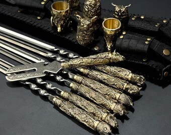 Luksusowy zestaw szpikulców do grilla – uchwyty z brązu, stal nierdzewna, skórzane etui, prezent dla mężczyzn