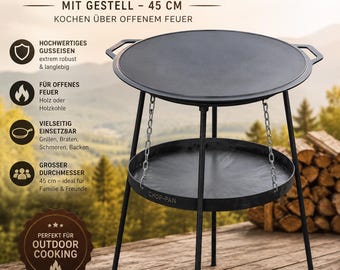 Gusseisen Grillpfanne 45 cm con Gestell - Feuerpfanne BBQ, parrilla exterior, arado Pfanne, Camping Kochstelle, Lagerfeuer Grill