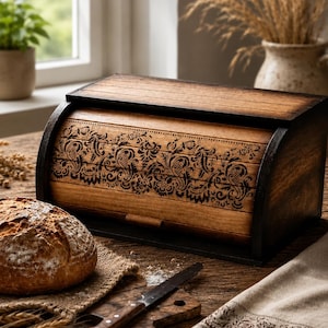 Könnte beinhalten: Ein rechteckiger Brotkasten aus Holz mit Rolldeckel, der ein dunkelbraunes Finish und ein schwarzes, lasergraviertes Blumenmuster aufweist. Der Brotkasten besteht aus horizontalen Holzlatten und hat einen dunkel gebrannten Rahmen.