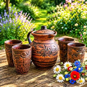 Pode incluir: Um jarro de barro castanho com tampa e três chávenas a condizer, todas com padrões florais esculpidos. O conjunto está disposto sobre uma superfície de madeira ao lado de um pequeno ramo de margaridas brancas, centáureas azuis e uma papoila vermelha.