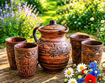 Conjunto de jarra de 1,8 L + 4 xícaras de 0,35 L – Cerâmica queimada em forno a lenha, feita de argila natural.