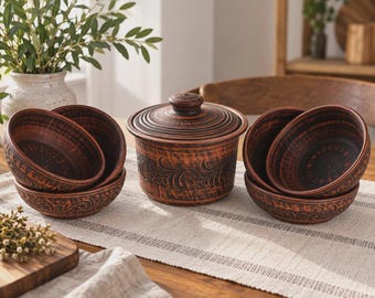 Keramik Geschirrset com Suppentopf 2,5 L e 6 Schalen – Rustikales Keramikset