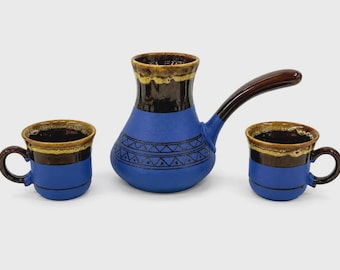 Keramik Kaffeekocher 500 ml com 2 Tassen 120 ml – Blaue Türkische Kaffeekanne – Handgemachtes Kaffee Set aus der Ukraine