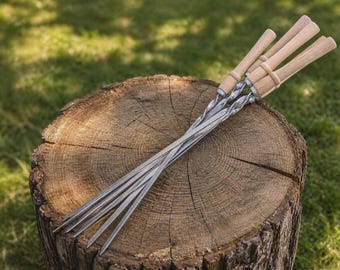 1 espeto de aço inoxidável para churrasco com cabo de madeira – 58 cm, espeto shashlik de 2 mm/3 mm para churrasqueira, camping e culinária ao ar livre.
