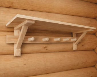 Prateleira de parede de madeira com ganchos – Prateleira rústica estilo fazenda para cozinha ou hall de entrada, suporte de parede de madeira maciça, cabideiro.