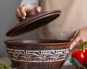 Handmade Makitra with Lid 3.3L – Rustic Red Clay Ceramic Tureen, Pottery Serving Bowl & Cooking Pot