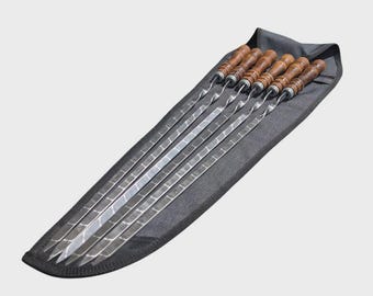 Conjunto de 6 espetos para churrasco em aço inoxidável, espetos shashlik de 62 cm com cabos de madeira.