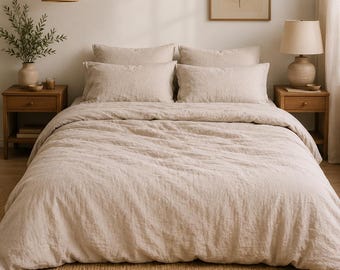 Set copripiumino in lino naturale, set di biancheria da letto beige, copripiumino in lino lavato, biancheria da letto in stile rustico, arredamento camera da letto boho, matrimoniale king size /