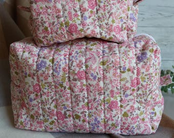 Pink Floral Quilted Makeup Bag Set | Small Medium Cosmetic Pouch Organizer