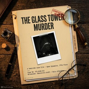 Könnte beinhalten: Eine beige Manila-Mappe mit der Aufschrift The Glass Tower Murder, einem roten Stempel Confidential Homicide, einem schwarz-weißen Polaroid eines Wolkenkratzers, einer Lupe, einem Füllfederhalter, einem Tintenfass und einer runden Brille.