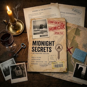 Könnte beinhalten: Ein Stillleben mit einer brennenden Kerze, einem Glas Rotwein und einem antiken Schlüssel. Der Fokus liegt auf einer Mappe mit dem Titel "Midnight Secrets" mit dem Stempel "Confidential Homicide", zusammen mit Karten und Polaroidfotos.