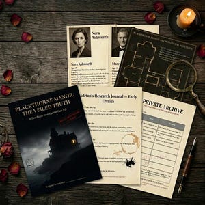 Könnte beinhalten: Eine Tischszene mit Elementen eines Ermittlungsspiels. Dazu gehören Charakterprofile, ein Grundriss, eine Lupe, eine brennende Kerze und eine Spielakte mit dem Titel "Blackthorne Manor: The Veiled Truth".