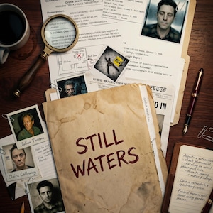 May include: A crime scene investigation setup with documents, photos, and a magnifying glass. The central document reads "STILL WATERS." Other papers include a CSI report, medical examiner's report, and a notepad with handwritten notes. A cup of coffee and a pen are also present.