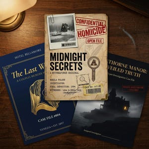 May include: A selection of mystery case files with a vintage design. The central file, "Midnight Secrets," displays a photo of a cabin and the text "Confidential Homicide." Other files include "The Last Witness" and "Thorne Manor: Veiled Truth."