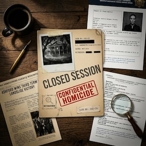 May include: A detective-themed scene with a coffee mug, pen, and documents on a wooden surface. The central focus is a file labeled "CLOSED SESSION" with "CONFIDENTIAL HOMICIDE" stamped on it. A magnifying glass and newspaper are also present.