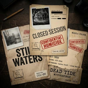 May include: Three tan manila folders labeled with case files titled Closed Session, Still Waters, and Dead Tide. Each folder features black and white photographs of buildings, red Confidential Homicide stamps, and printed text including case numbers.