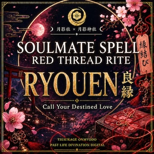 May include: A digital art piece with a dark background, featuring the text "SOULMATE SPELL RED THREAD RITE RYOUEN Call Your Destined Love." The design includes a full moon, cherry blossoms, and Japanese text. A decorative box and red threads are also visible.