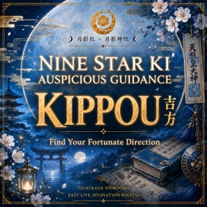 May include: A digital art piece with a celestial theme, featuring the text "NINE STAR KI AUSPICIOUS GUIDANCE KIPPOU" in gold against a blue background. The image includes Japanese architectural elements, cherry blossoms, and the phrase "Find Your Fortunate Direction."