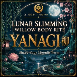 May include: An artistic advertisement with a dark blue background features the text "LUNAR SLIMMING WILLOW BODY RITE YANAGI" in gold. The image includes a full moon, cherry blossoms, and a lotus flower, with the tagline "Shape Your Moonlit Form."