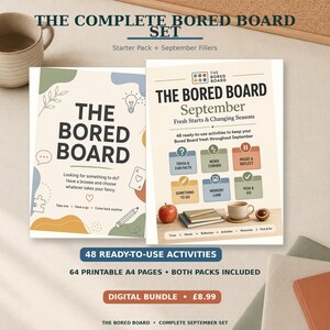Może przedstawiać: Zestaw The Bored Board zawiera dwa drukowane przewodniki z ćwiczeniami zatytułowane The Bored Board oraz The Bored Board September. Materiały zawierają kolorowe abstrakcyjne kształty, ikony i tekst opisujący 48 aktywności na 64 stronach A4.
