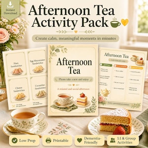 Könnte beinhalten: Ein druckbares "Afternoon Tea Activity Pack" mit Sandwich-Etiketten und Gesprächsanregungen. Das Design zeigt eine Teetasse, Kuchen und florale Elemente, die ein entspanntes geselliges Beisammensein fördern. Enthält den Text "Sofort-Download".