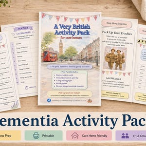 May include: A Very British Activity Pack for care homes, featuring conversation cards, word games, and sing-along pages. The cover shows a London scene with a red bus. Includes low prep, printable, care home friendly, and 1:1 & group activities.