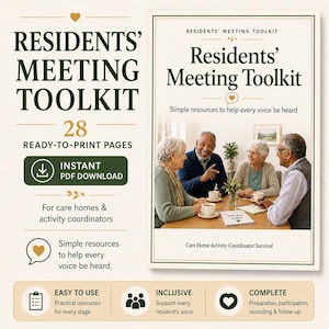 Może przedstawiać: Cyfrowy zestaw narzędzi zatytułowany Residents' Meeting Toolkit zawierający 28 stron gotowych do druku. Okładka zawiera zdjęcie czworga starszych dorosłych siedzących przy stole z kawą, a tekst brzmi Simple resources to help every voice be heard.