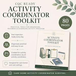 May include: An 80-page Activity Coordinator Toolkit manual with dark green text on a cream background. The cover features illustrations of office supplies including a document holder, binders, a clipboard, a calendar, and a notebook with a pen.