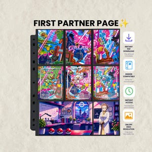 May include: A nine-pocket trading card binder page titled FIRST PARTNER PAGE featuring colourful Galar region illustrations, including Grookey, Scorbunny, and Sobble, alongside a laboratory scene with a scientist and three red and white Poké Balls.