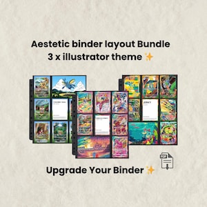 Könnte beinhalten: Ästhetisches Binder-Layout-Bundle mit drei Illustrator-Themen. Das Bild zeigt drei schwarze Ordnerseiten, die mit farbenfrohen Sammelkarten gefüllt sind. Der Text "Upgrade Your Binder" befindet sich am unteren Rand des Bildes.