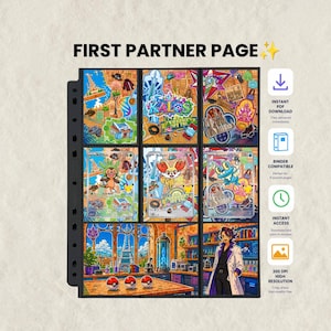May include: A binder page titled FIRST PARTNER PAGE featuring nine pockets containing colorful trading cards with illustrations of various creatures, buildings, and a character in a white coat. The page includes icons for PDF download, binder compatibility, and 300 DPI resolution.