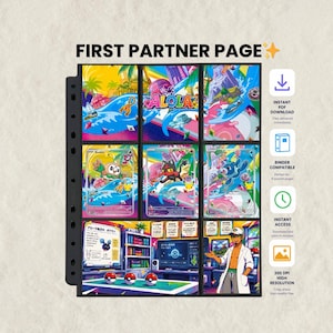 Op de afbeelding: Een ordnerpagina met de titel FIRST PARTNER PAGE met negen kleurrijke illustraties van personages en omgevingen uit de Alola-regio. De rasterindeling bevat levendige scènes met Pokémon, een laboratoriuminterieur en een personage.
