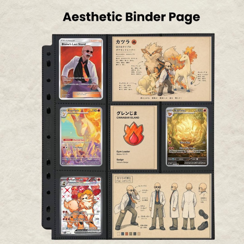 Diseño único para carpeta de Pokémon / Método Michi / Páginas con estética de los líderes de gimnasio de Kanto (2 versiones) / Inserto para carpeta de cartas / Descarga instantánea imagen 13