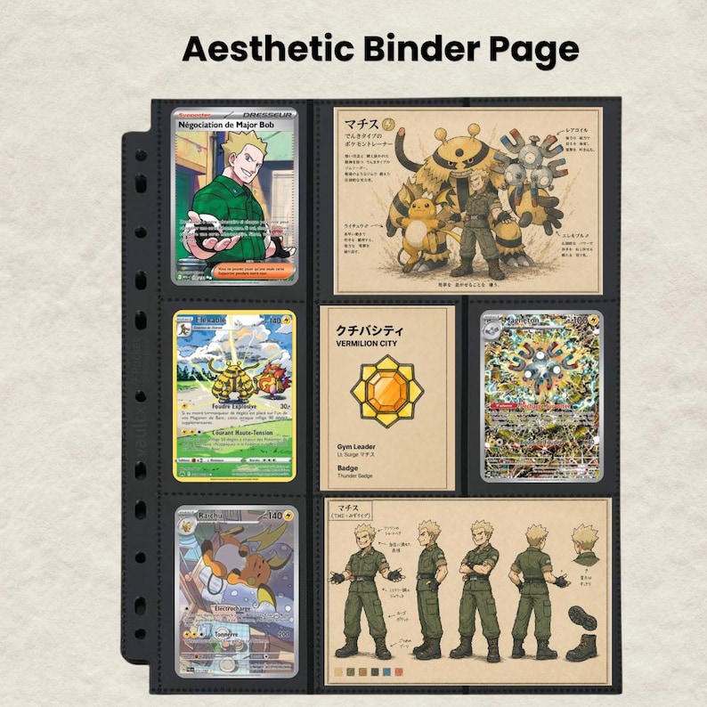 Puede incluir: Una p&aacute;gina de carpeta de pl&aacute;stico negro con nueve bolsillos que contienen varias tarjetas coleccionables y hojas de personajes ilustradas. Las tarjetas presentan personajes de estilo anime, criaturas y un icono de insignia amarilla.