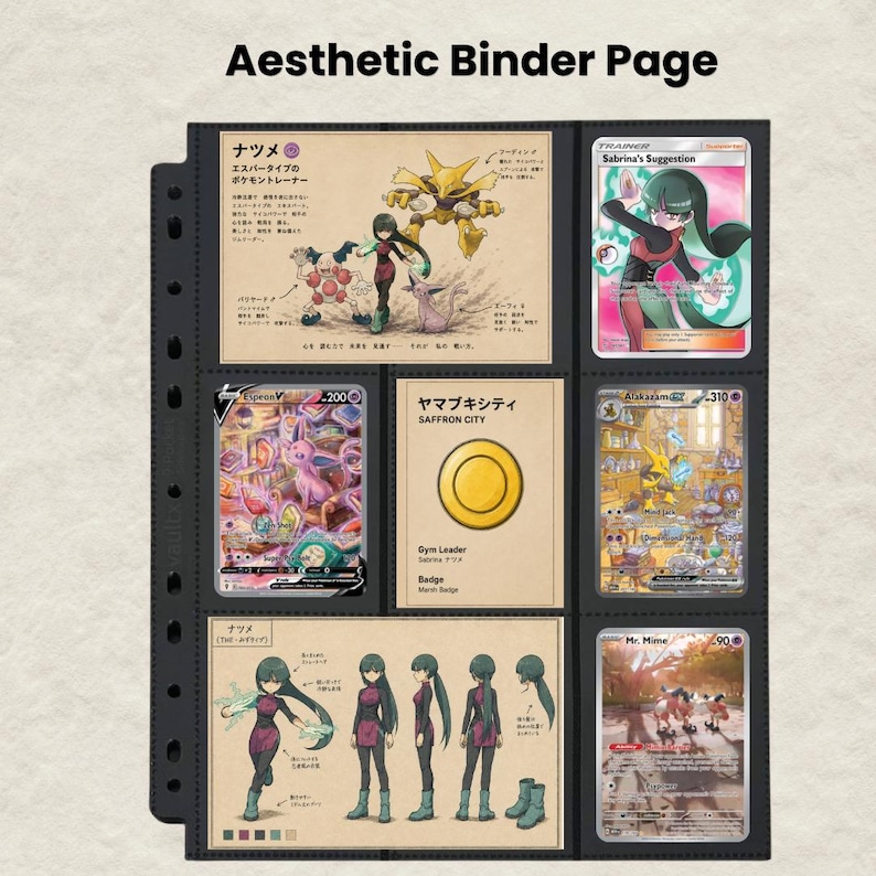 Puede incluir: Una p&aacute;gina de carpeta de pl&aacute;stico negro para tarjetas coleccionables con nueve bolsillos que contienen varias cartas Pok&eacute;mon e ilustraciones de personajes. Las tarjetas muestran a Sabrina, Alakazam, Mr. Mime y Espeon, con texto en japon&eacute;s e ingl&eacute;s.
