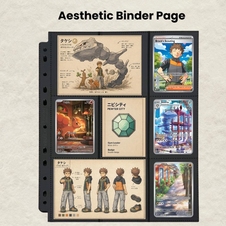 Diseño único para carpeta de Pokémon / Método Michi / Páginas con estética de los líderes de gimnasio de Kanto (2 versiones) / Inserto para carpeta de cartas / Descarga instantánea imagen 4