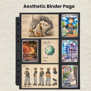Puede incluir: Una p&aacute;gina de carpeta de pl&aacute;stico negro con seis ranuras para tarjetas coleccionables. Las ranuras contienen tarjetas ilustradas con personajes, un icono de gema verde etiquetado como Pewter City y varias poses con texto en japon&eacute;s.