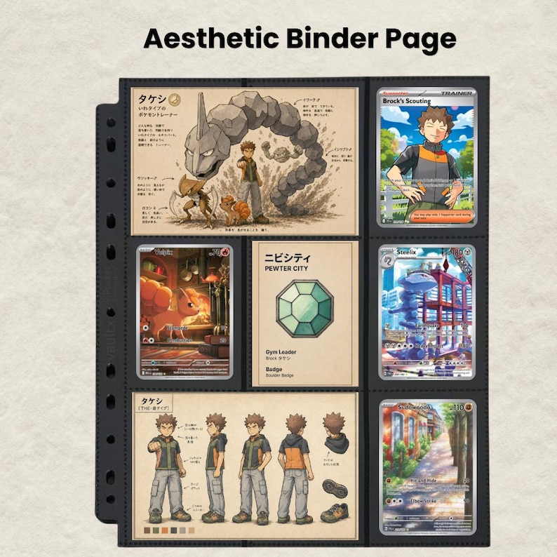 Puede incluir: Una p&aacute;gina de carpeta de pl&aacute;stico negro con seis ranuras para tarjetas coleccionables. Las ranuras contienen tarjetas ilustradas con personajes, un icono de gema verde etiquetado como Pewter City y varias poses con texto en japon&eacute;s.