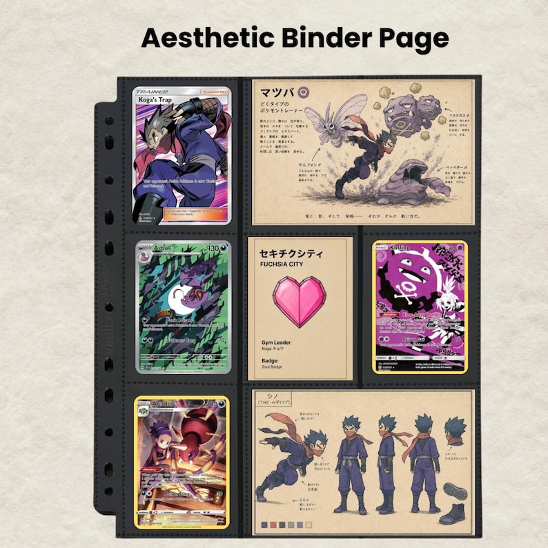Diseño único para carpeta de Pokémon / Método Michi / Páginas con estética de los líderes de gimnasio de Kanto (2 versiones) / Inserto para carpeta de cartas / Descarga instantánea imagen 10