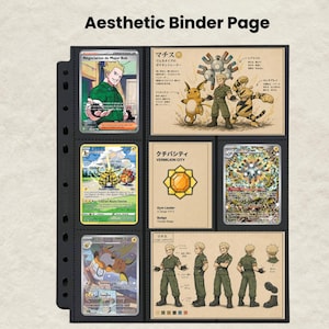 Puede incluir: Una p&aacute;gina de carpeta de pl&aacute;stico negro con nueve bolsillos llenos de varias tarjetas coleccionables y hojas de personajes ilustradas. Las tarjetas muestran personajes de estilo anime, incluido un hombre con uniforme verde y criaturas el&eacute;ctricas.
