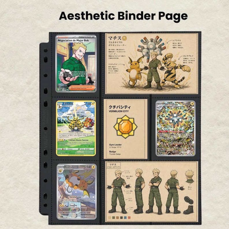 Puede incluir: Una p&aacute;gina de carpeta de pl&aacute;stico negro con nueve bolsillos llenos de varias tarjetas coleccionables y hojas de personajes ilustradas. Las tarjetas muestran personajes de estilo anime, incluido un hombre con uniforme verde y criaturas el&eacute;ctricas.
