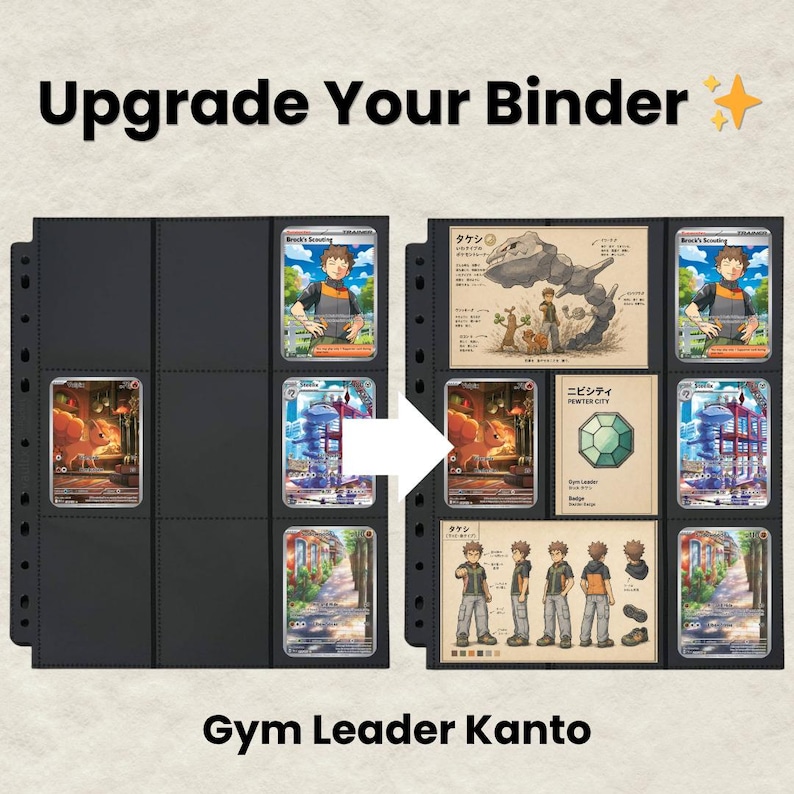 Puede incluir: Una p&aacute;gina de carpeta negra para tarjetas coleccionables con nueve bolsillos, que muestra una comparaci&oacute;n de antes y despu&eacute;s. El texto dice Upgrade Your Binder y Gym Leader Kanto. El lado derecho presenta tres tarjetas ilustradas con un personaje.