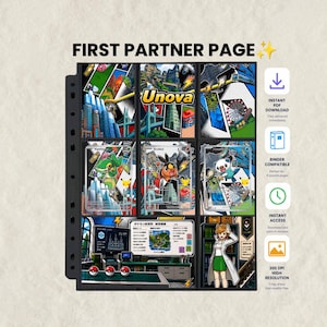 May include: A nine-pocket trading card binder page featuring the Unova region from Pokemon. The page displays colorful illustrations of cityscapes, the characters Snivy, Tepig, and Oshawott, a laboratory scene with three Poke Balls, and a researcher.