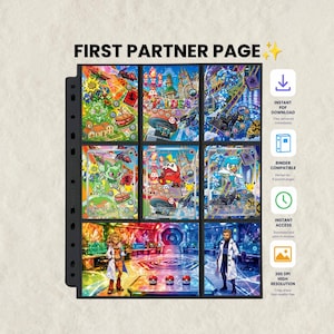May include: A binder page titled FIRST PARTNER PAGE featuring nine colorful illustrations of characters and scenes from the Paldea region. The grid layout includes various creatures, a laboratory setting, and icons for instant download and high resolution.