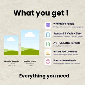 Puede incluir: Un gr&aacute;fico de informaci&oacute;n de producto titulado What you get! y Everything you need. Muestra dos tama&ntilde;os de tarjeta: Standard cards de 63 x 88 mm y Vault X cards de 66 x 94 mm, junto con cinco iconos que detallan las caracter&iacute;sticas del producto.