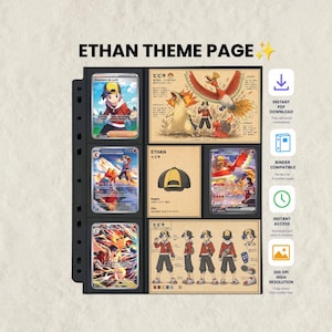 Puede incluir: Una página de carpeta negra con un diseño temático de Ethan, tres cartas coleccionables a la izquierda y tres paneles informativos a la derecha. Los paneles muestran ilustraciones de personajes, una gorra amarilla y negra y el texto ETHAN THEME PAGE.