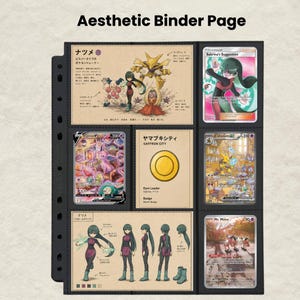 Puede incluir: Una p&aacute;gina de archivador de pl&aacute;stico negro con nueve bolsillos llenos de varias tarjetas coleccionables. Las tarjetas muestran ilustraciones de personajes, una insignia amarilla y texto en japon&eacute;s. Arriba dice Aesthetic Binder Page.