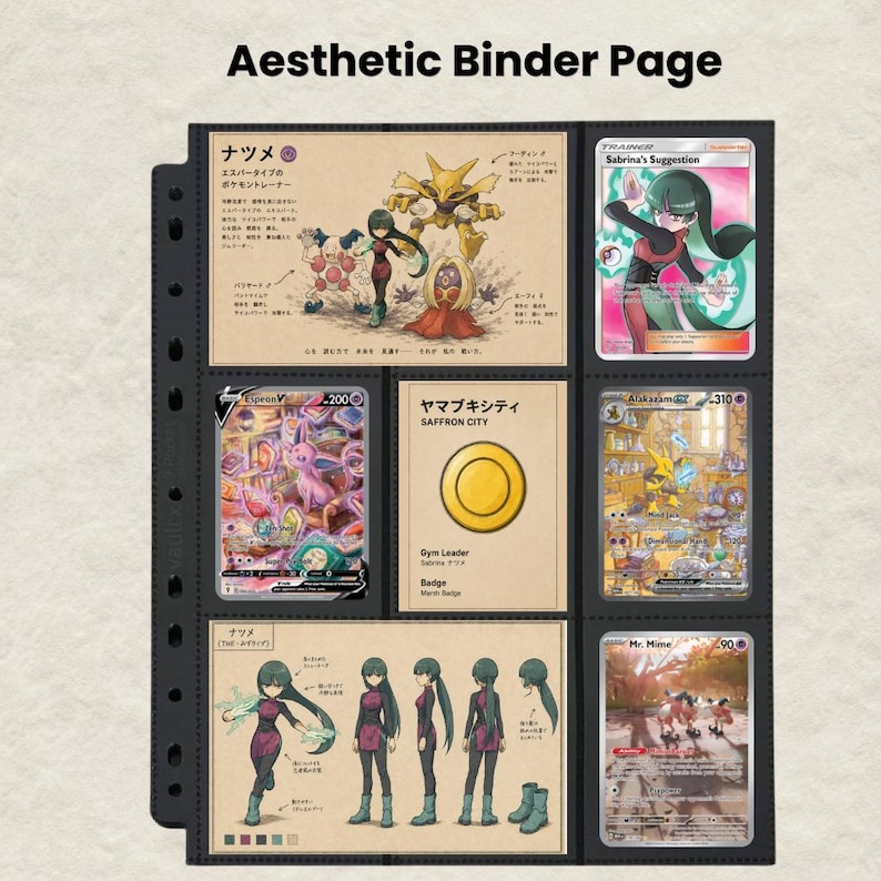 Puede incluir: Una p&aacute;gina de archivador de pl&aacute;stico negro con nueve bolsillos llenos de varias tarjetas coleccionables. Las tarjetas muestran ilustraciones de personajes, una insignia amarilla y texto en japon&eacute;s. Arriba dice Aesthetic Binder Page.
