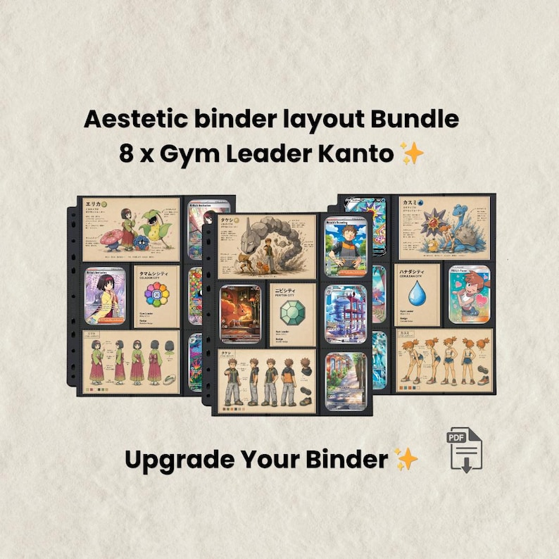 Puede incluir: Un paquete de dise&ntilde;o de carpetas digitales con 8 dise&ntilde;os de l&iacute;deres de gimnasio de Kanto. Las p&aacute;ginas muestran ilustraciones de personajes, iconos y texto en japon&eacute;s. El texto dice Aestetic binder layout Bundle 8 x Gym Leader Kanto y Upgrade Your Binder.