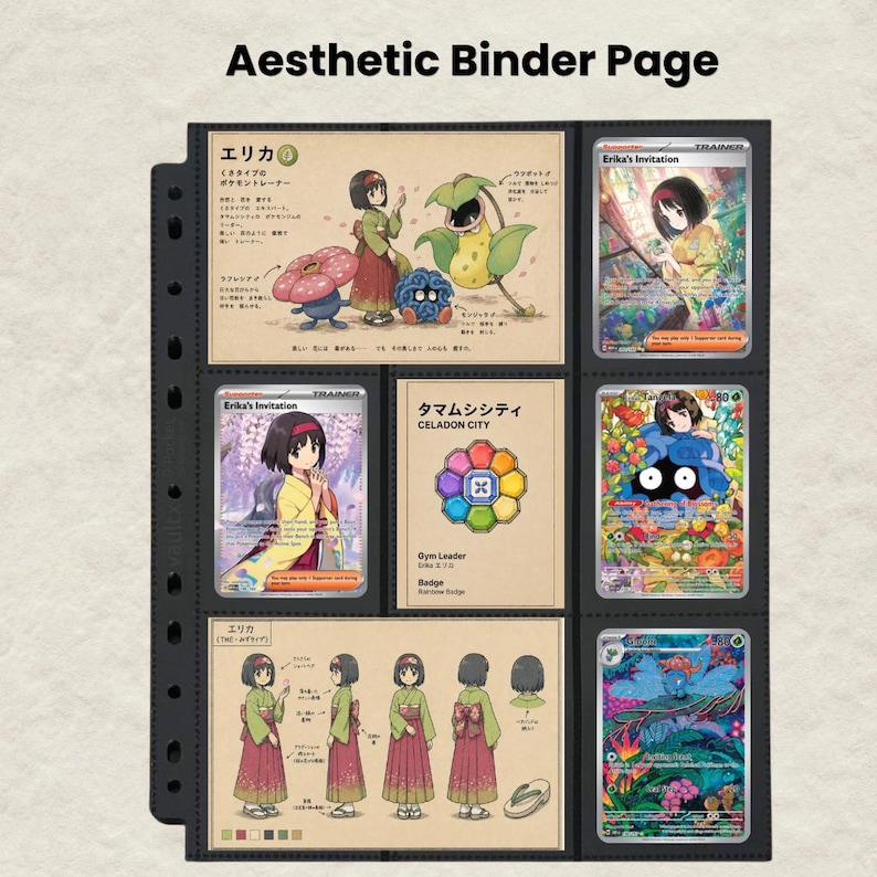 Puede incluir: Una p&aacute;gina de carpeta de pl&aacute;stico negro para tarjetas coleccionables que contiene tres tarjetas ilustradas personalizadas con un personaje en kimono y Pok&eacute;mon, dos tarjetas Erika's Invitation, una tarjeta de medalla Celadon City y dos tarjetas Pok&eacute;mon coloridas.